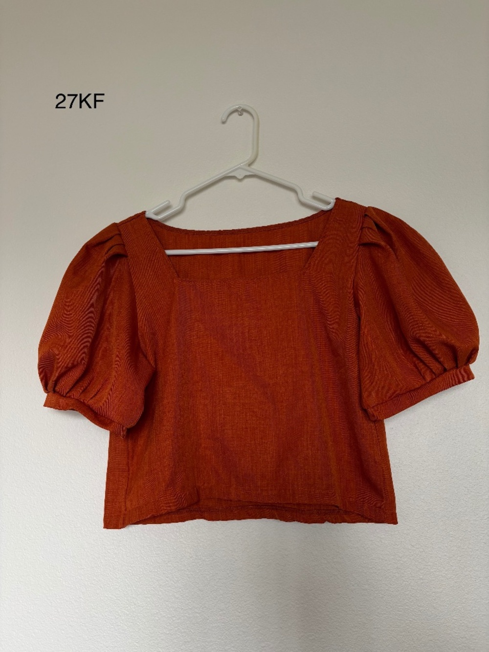 Rust Orange Puff Short Sleeve Square Neck Crop Top Blouse *27KF*